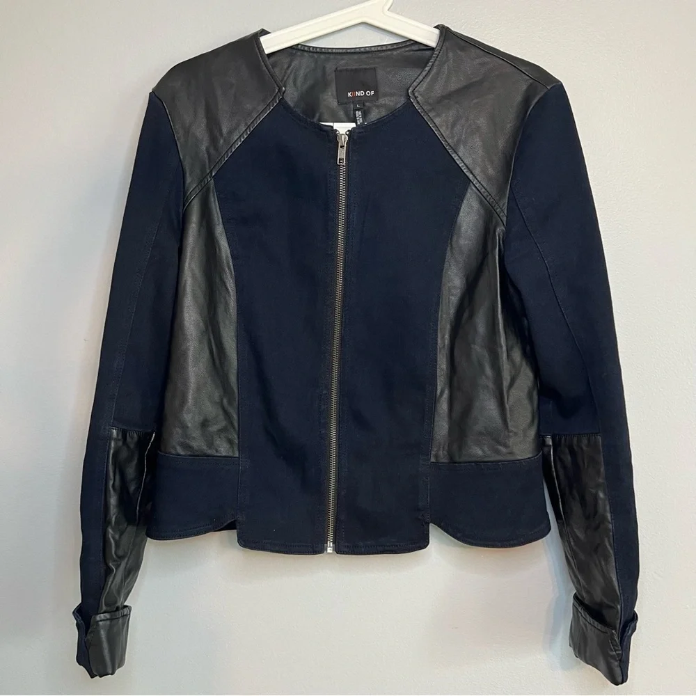 Kiind of Thalia faux leather two toned jacket Sz L Navy Black Cotton Chic City - Picture 1 of 14